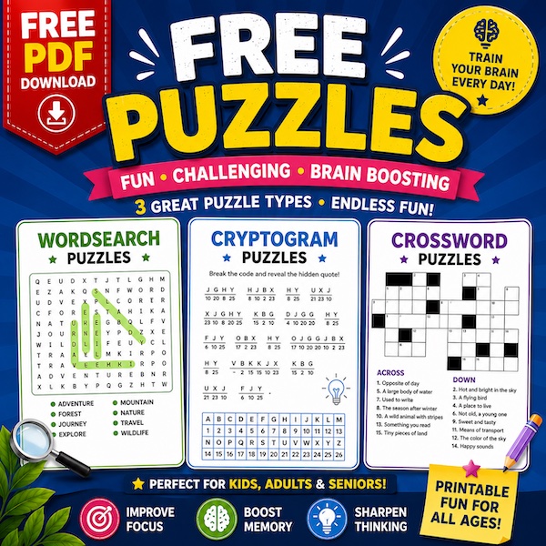 FREE Brain Puzzles Bundle – Word Search, Cryptogram & Crossword